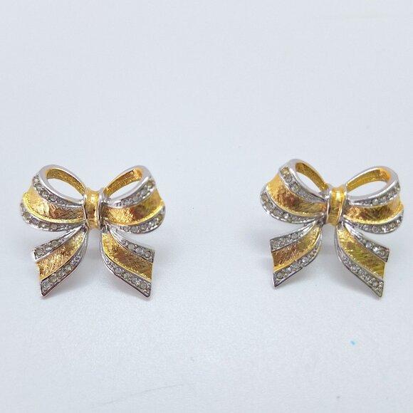 Vintage gold and silver tone bow earrings - Picture 1 of 8